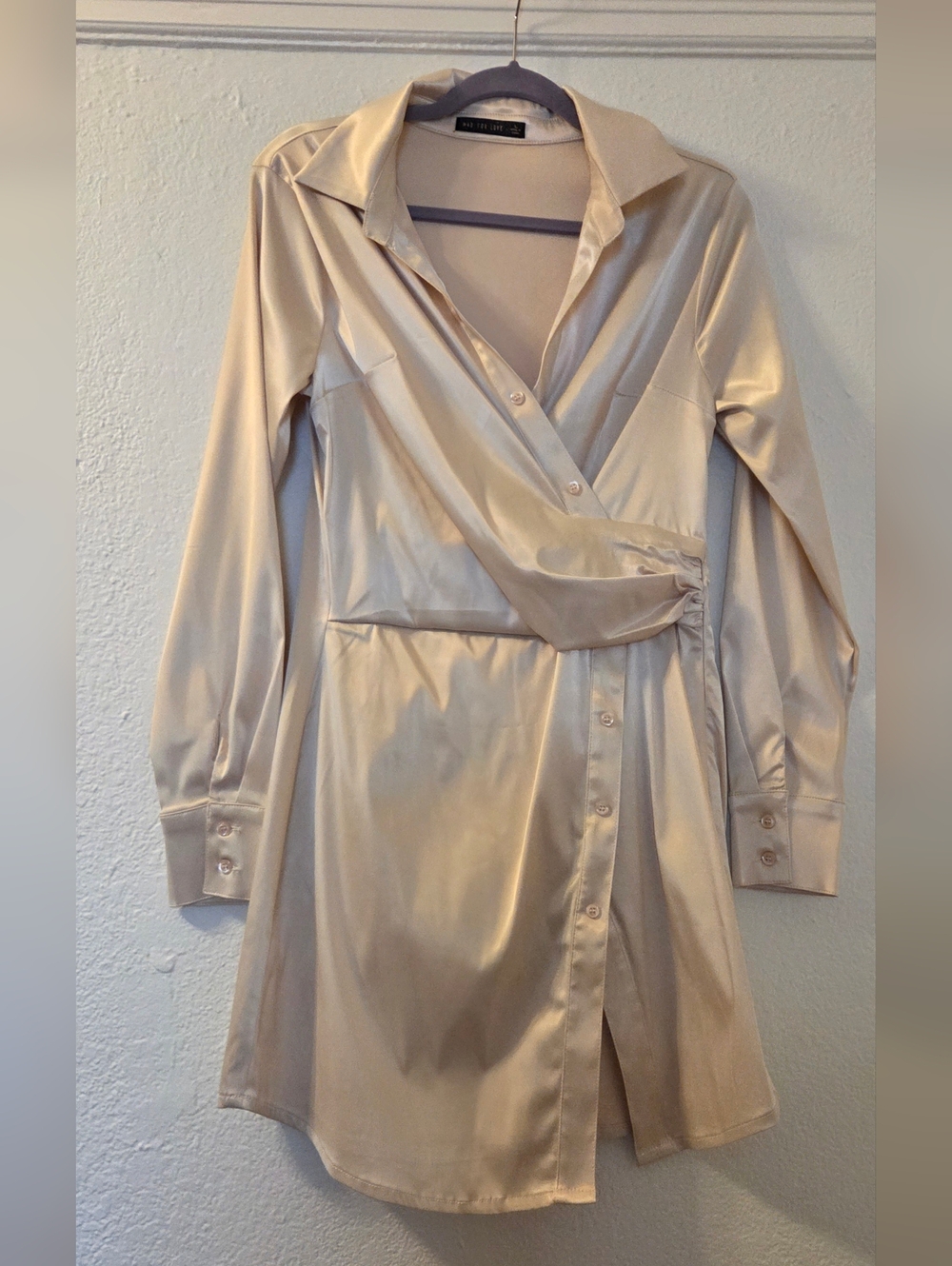 Satin Wrap-Style Shirt Dress in Champagne Size Large